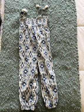 Boho Ikat Print Drawstring Pants in Blue and Cream